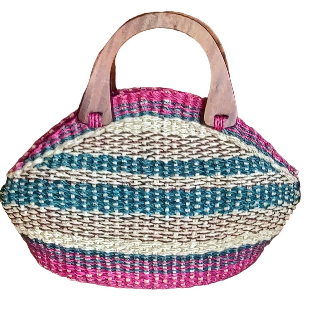 Round Top, Striped Synthetic Wicker Bag w/ Wooden Handles, Raspberry & Teal